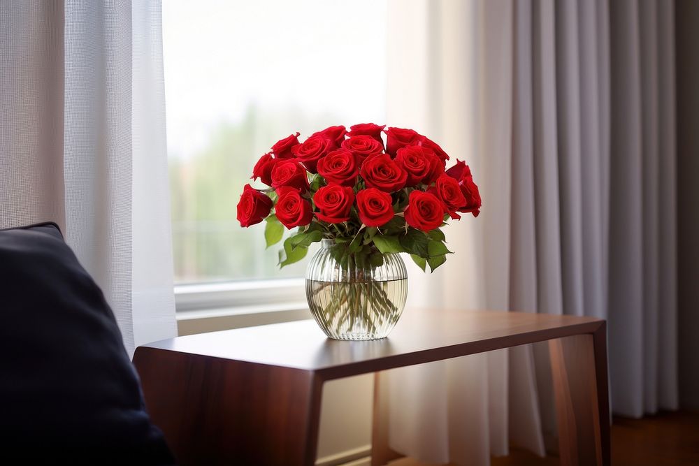 Red roses windowsill furniture flower. AI generated Image by rawpixel.