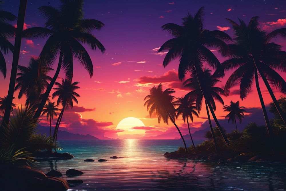 Sunset tree sea landscape.