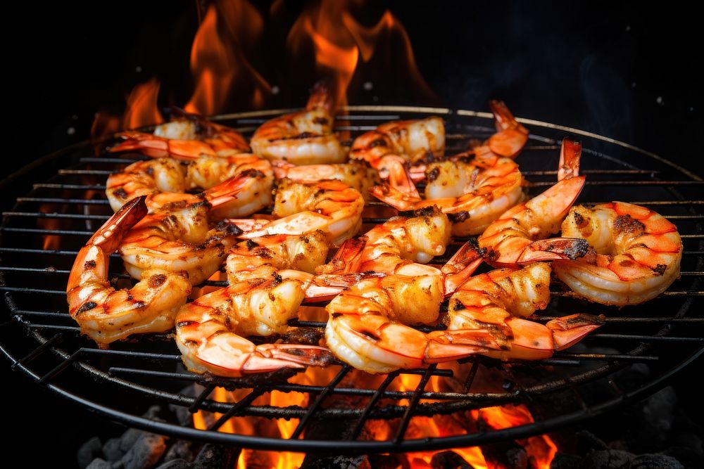 Shrimp barbeque grill grilling seafood cooking.