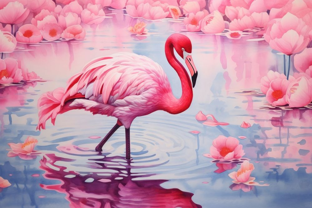 Pink background watercolor no detail flamingo outdoors animal.