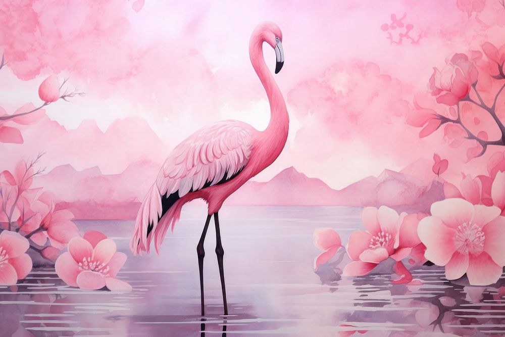 Pink background watercolor no detail flamingo animal plant.