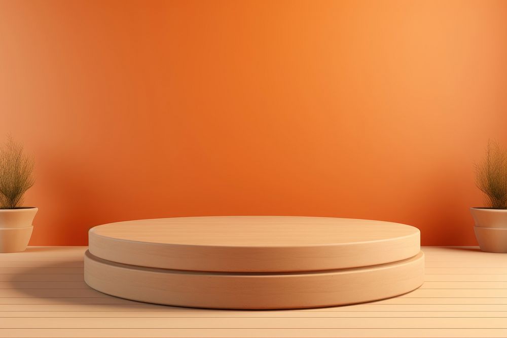 Minimal soft orange color background furniture table plant.