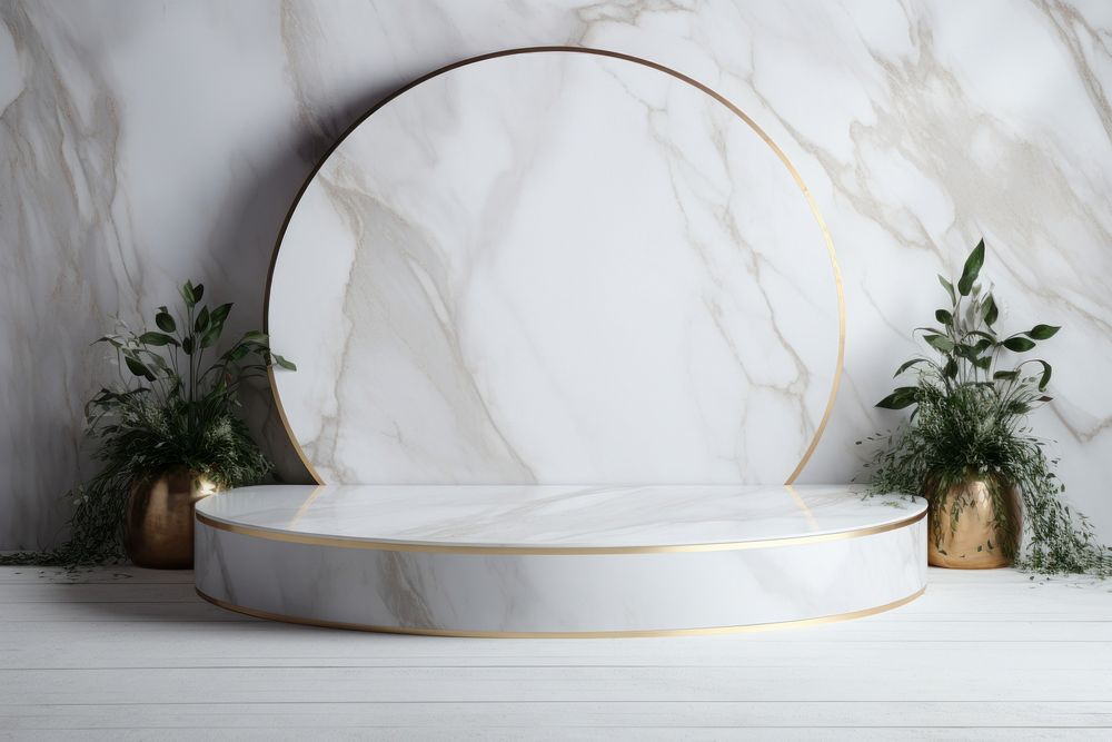 White marble background plant furniture dishware.