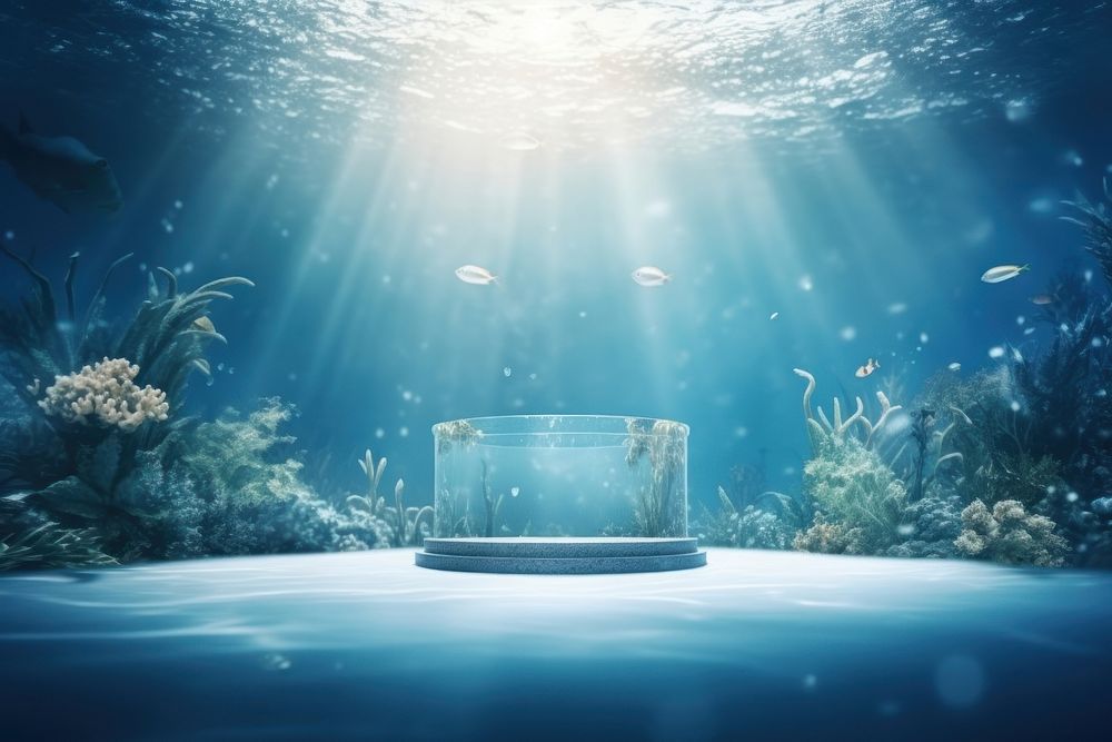 Product podium backdrop underwater aquarium outdoors.
