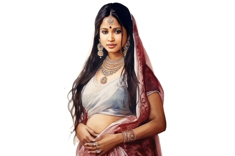 Pregnant indian woman watercolor necklace portrait jewelry.