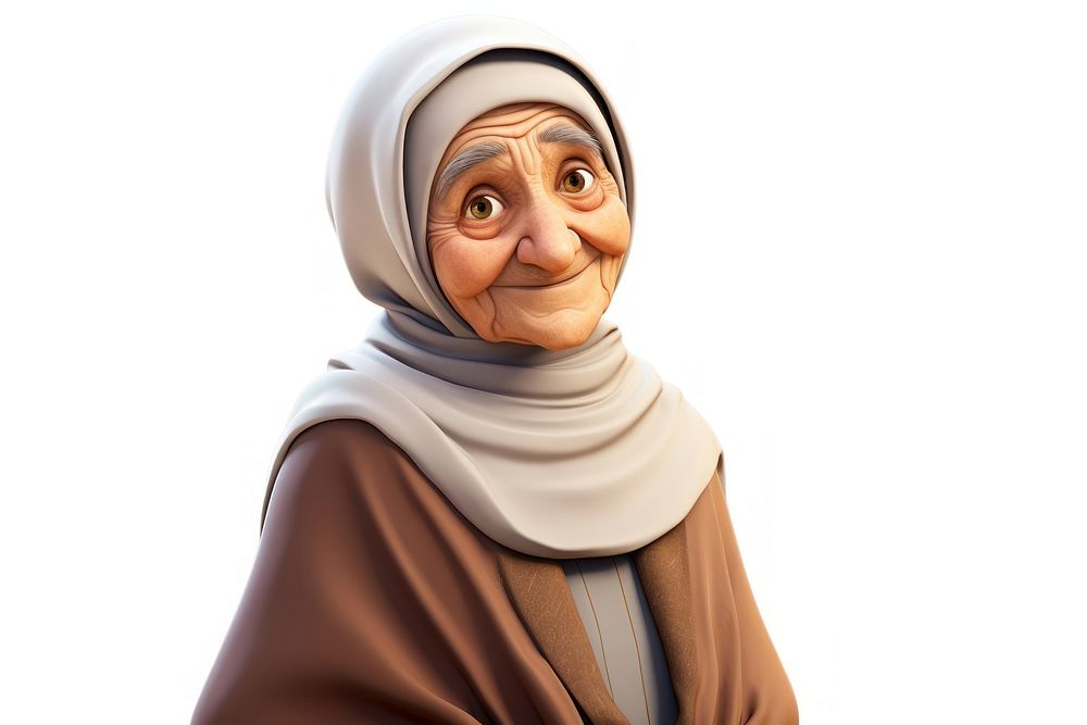 Qatari elderly woman 3d cartoon realistic portrait adult white background.