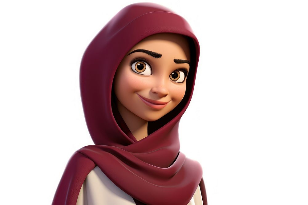 Qatari woman 3d cartoon realistic adult hood white background.