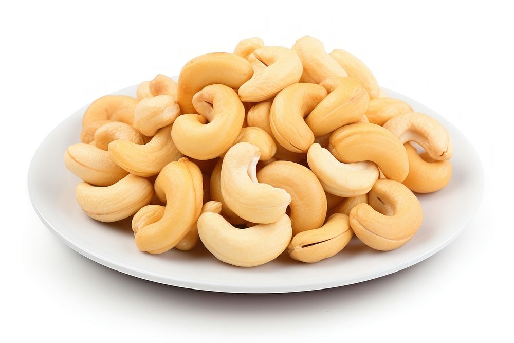 Cashew nuts plate food white background.