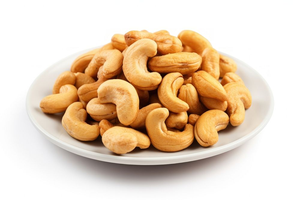 Cashew nuts plate food white background.