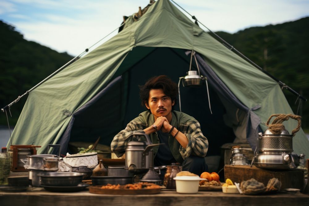 East asian man camping outdoors tent.