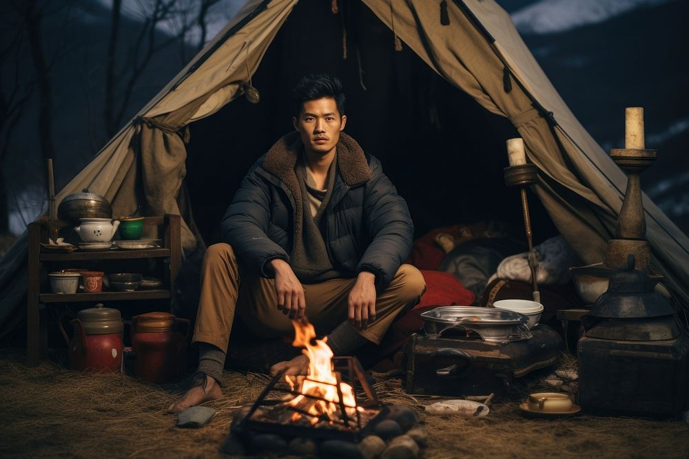East asian man camping outdoors adult.