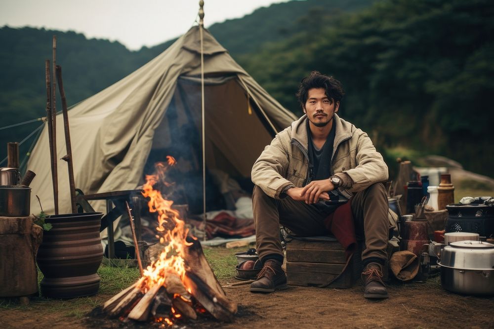 East asian man camping outdoors sitting.