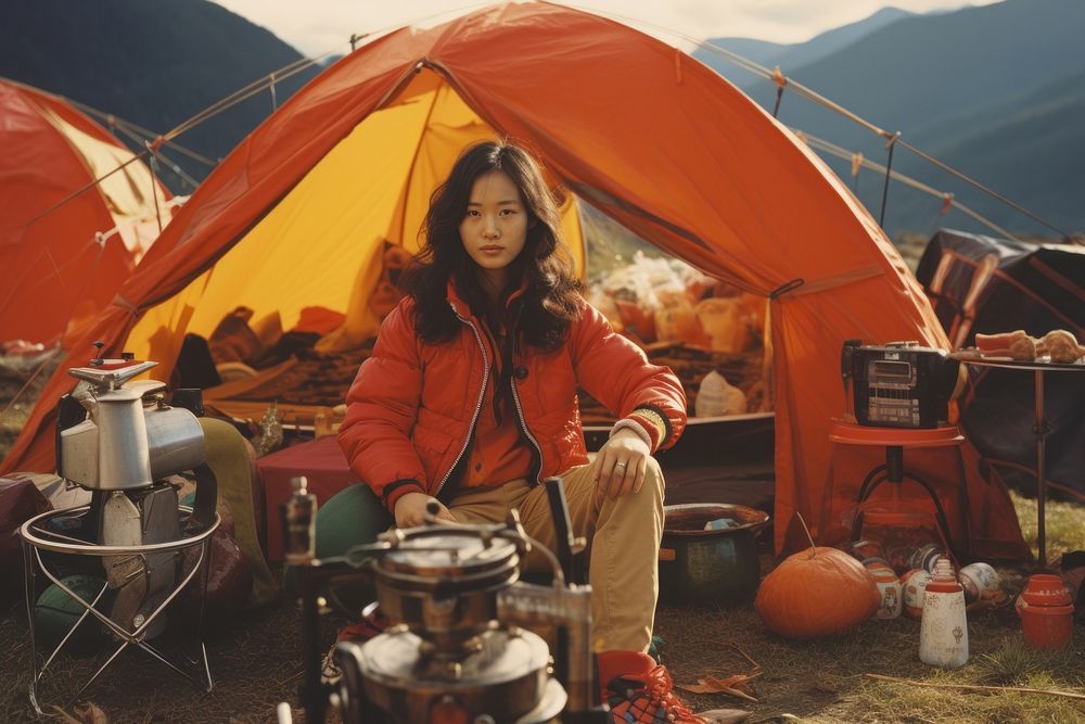 East asian woman camping outdoors travel.