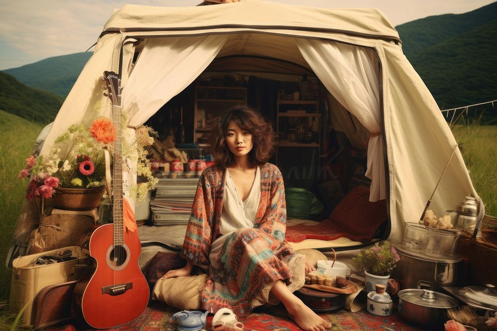 East asian woman camping portrait outdoors.