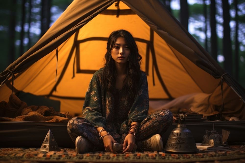Young east asian woman camping portrait outdoors.
