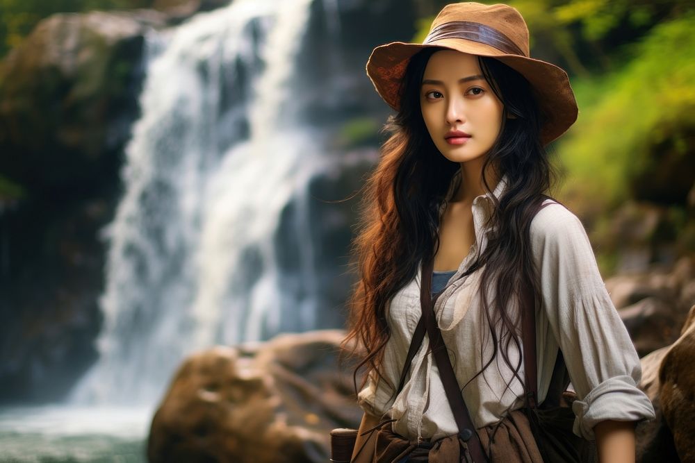 Young east asian woman waterfall portrait outdoors.