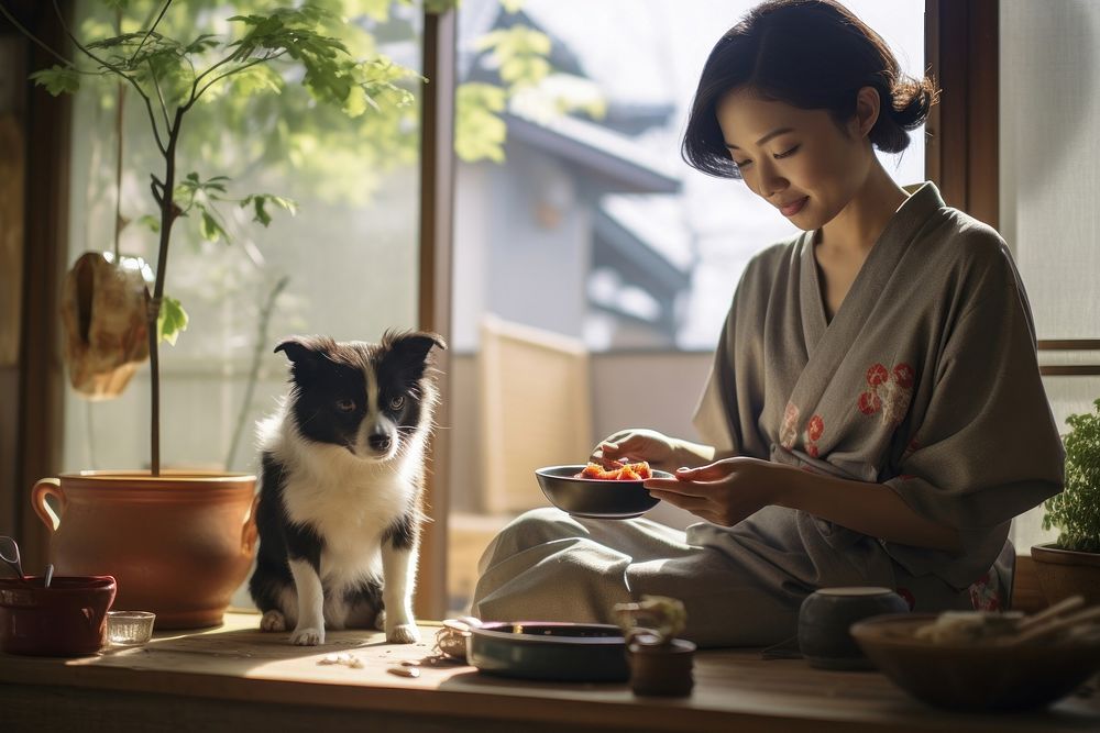 Japanese woman and dog pet mammal adult.