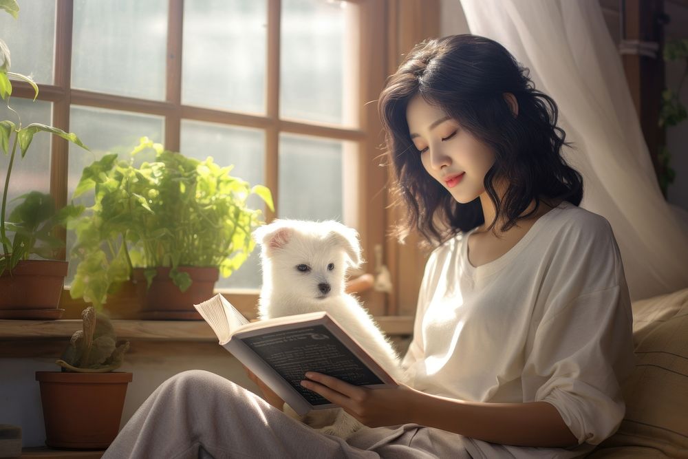 Korean woman pet reading sitting.