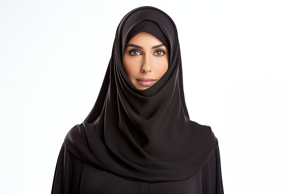 Saudi middleaged woman portrait fashion white background.