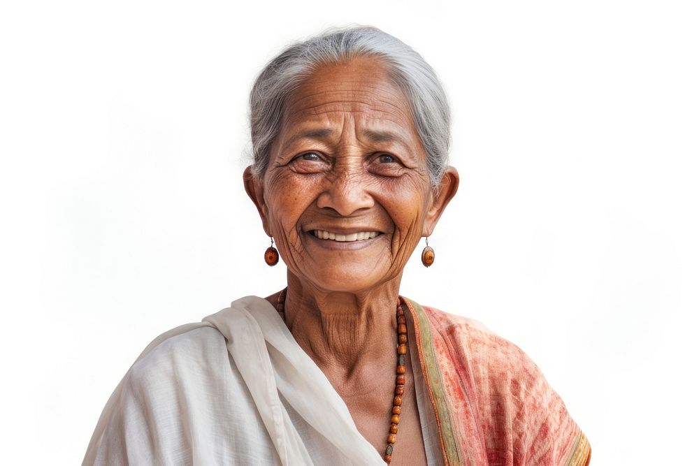 Smiling elderly indian woman necklace laughing jewelry.