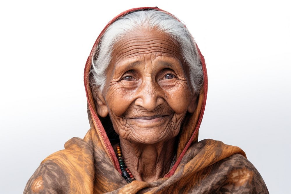 Smiling elderly indian woman portrait adult white background.