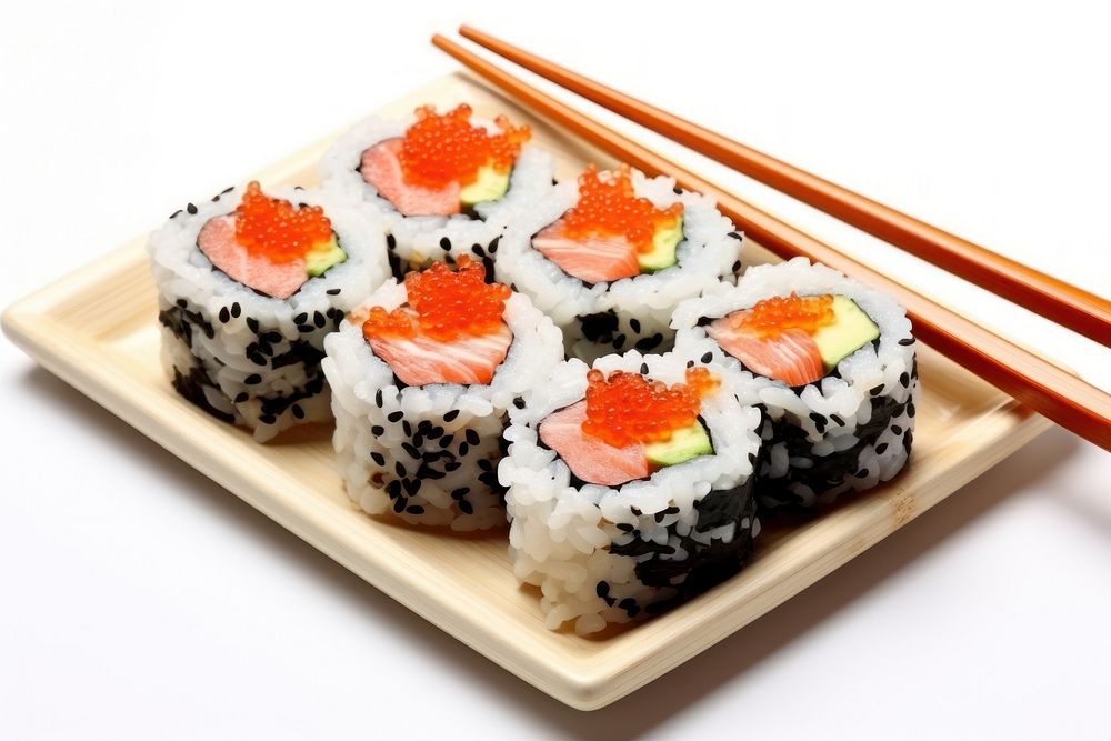 Sushi chopsticks plate rice.