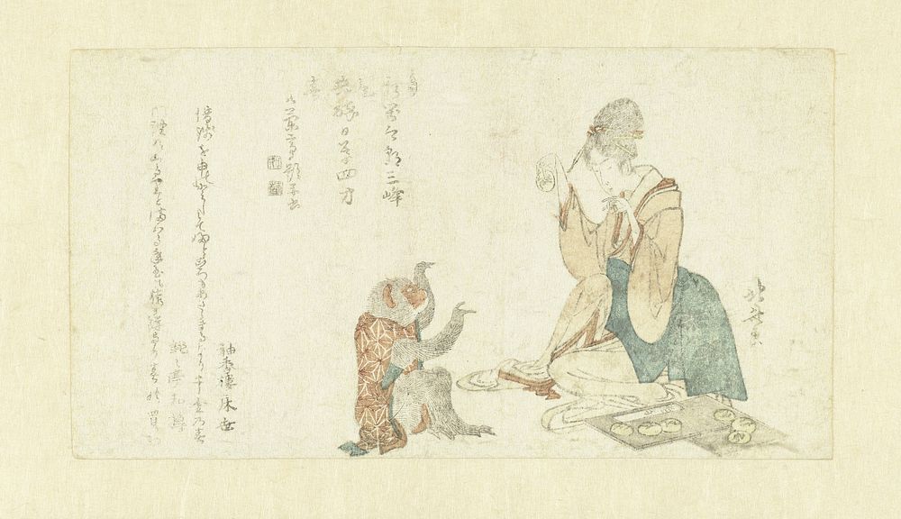Vrouw speelt met aap (1800) by Katsushika Hokusai, Shûkôrô Tokoyo and Dondontei Wataru