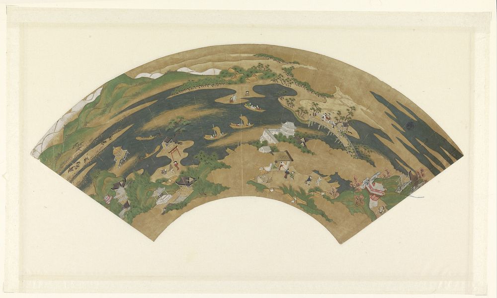 Waaierblad met een landschap met figuren (1800 - 1900) by anonymous