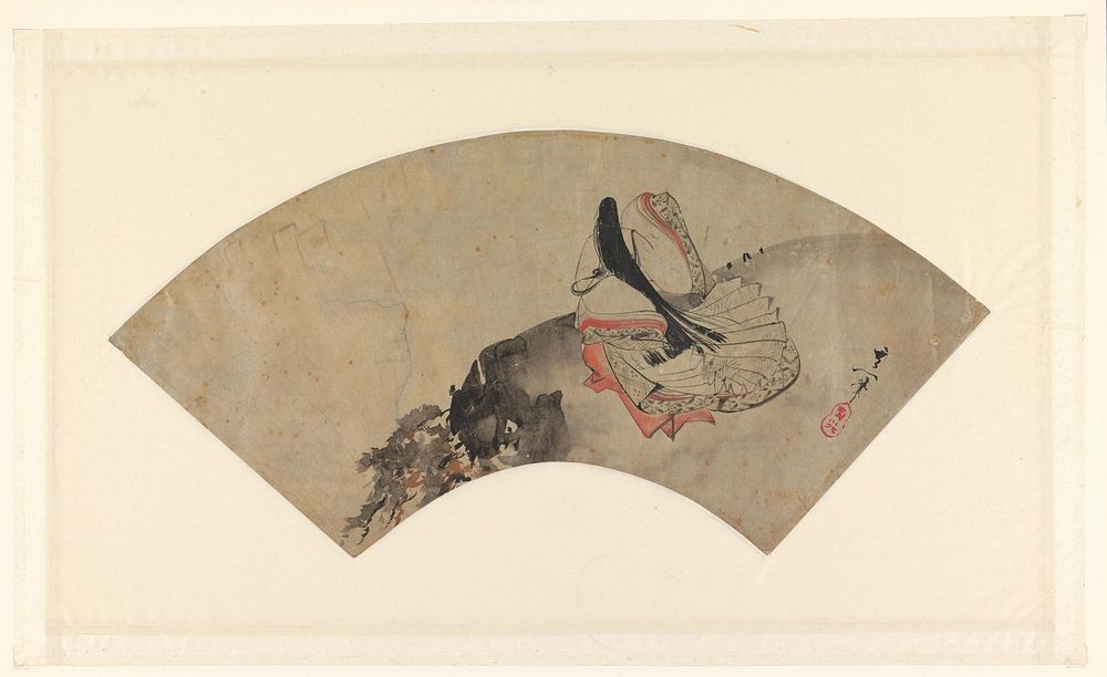 Waaierblad met een dichteres op een berg (1800 - 1900) by Suzuki Kiitsu