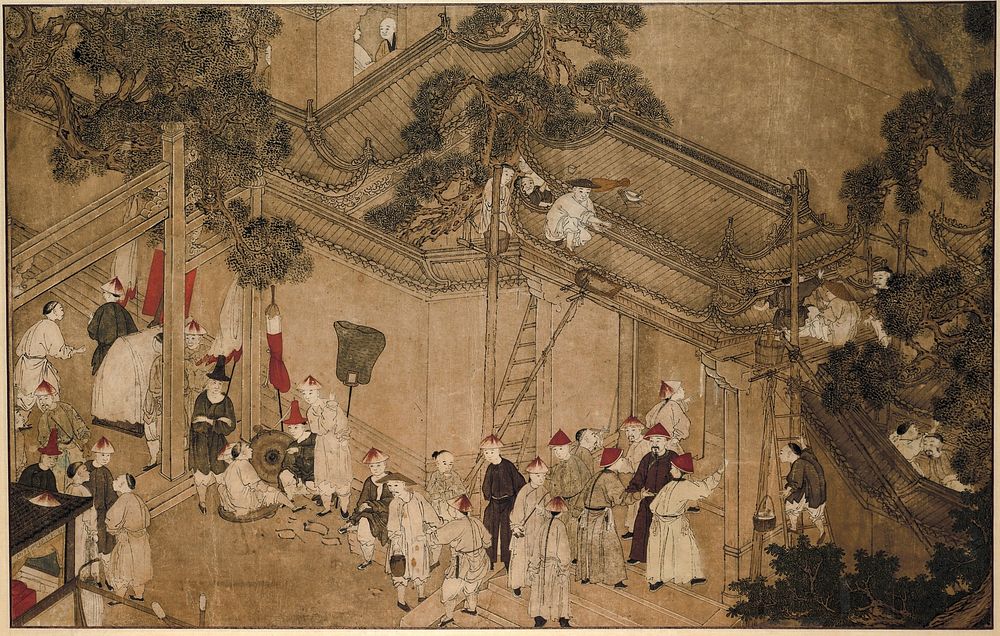 Een tempel met bouwarbeiders aan het werk (1700 - 1800) by anonymous