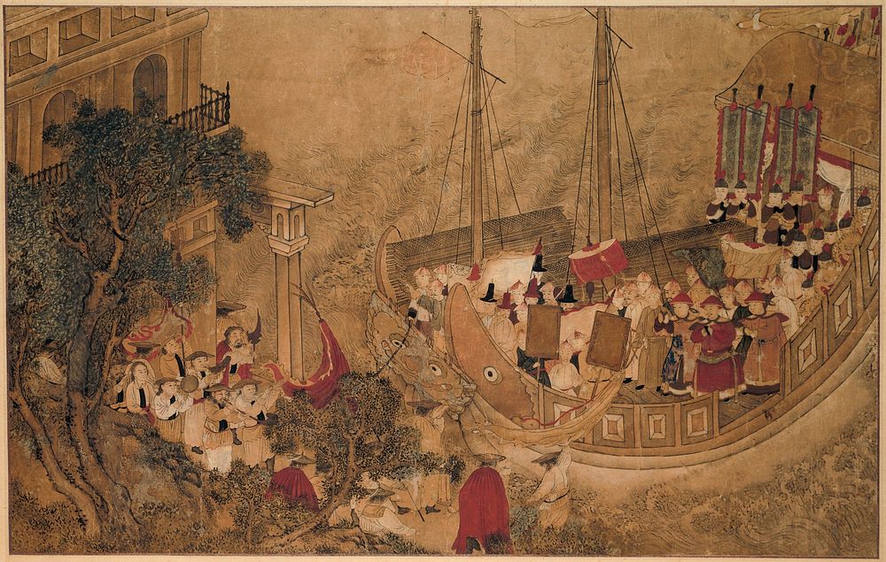 Een Chinees schip meert aan bij een Europees gebouw (1700 - 1800) by anonymous