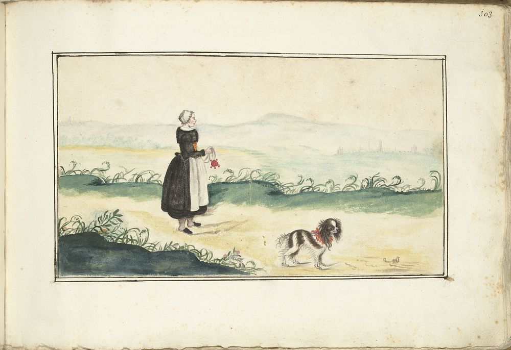 Boerenvrouw en hond in een landschap (c. 1679) by Anna Cornelia Moda and Gesina ter Borch