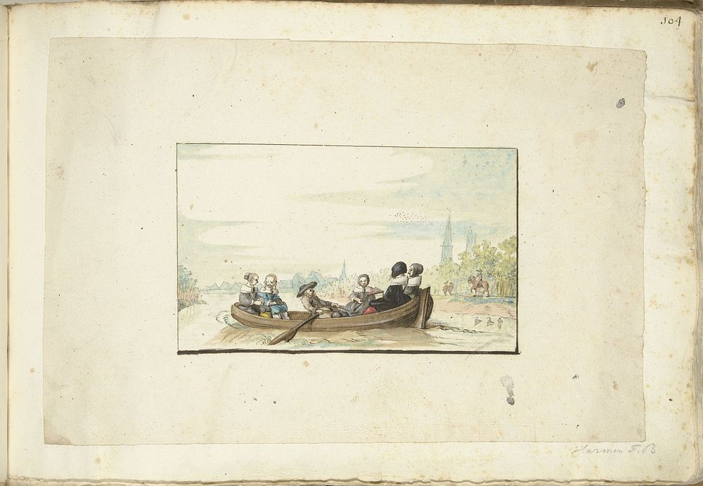 Gezelschap van zes mensen in een boot op de Zwolse singel (c. 1655) by Harmen ter Borch