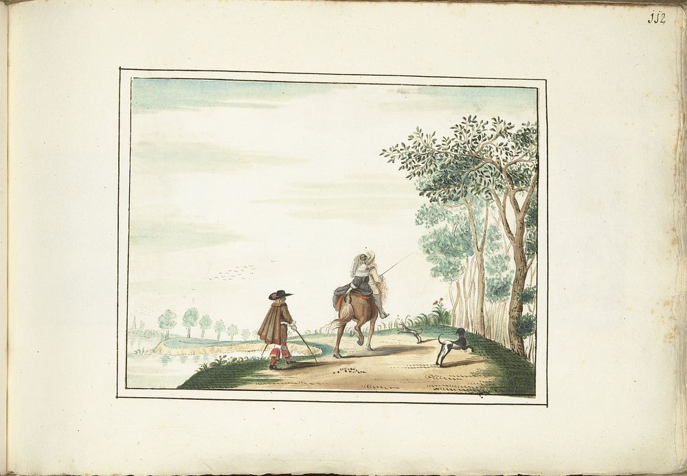 Heer en dame te paard en een voetganger in een landschap (1654) by Gesina ter Borch