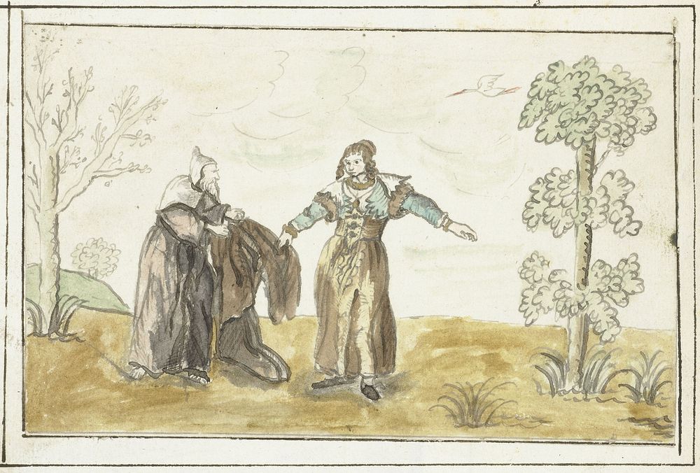 Kluizenaar geeft een dame zijn mantel (c. 1641 - before 1648) by Gesina ter Borch