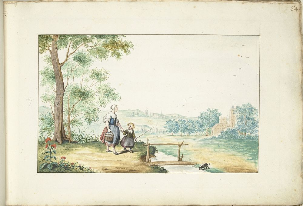 Boerenvrouw en kind in een landschap (1669) by Gesina ter Borch and Gesina ter Borch