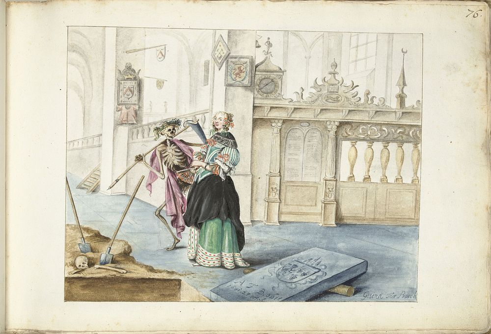 Vrouw (Aeltien?) staand naast de Dood in de Sint-Michaëlskerk, Zwolle (c. 1671) by Gesina ter Borch