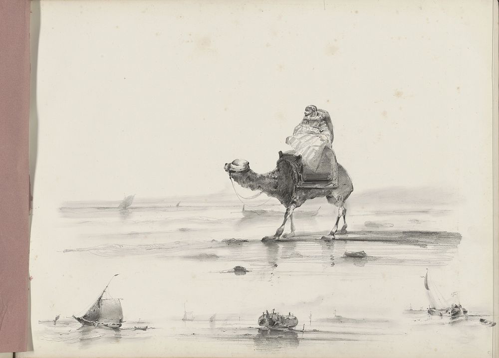 Man rijdend op een kameel langs een kust (1830 - 1860) by Albertus van Beest