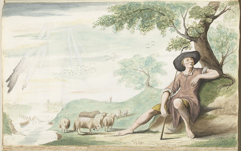Herder rustend onder een boom bij zijn kudde (1654) by Gesina ter Borch