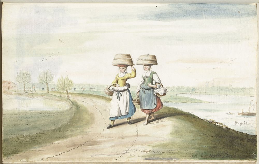 Twee boerenvrouwen lopend in een landschap (1654) by Gesina ter Borch