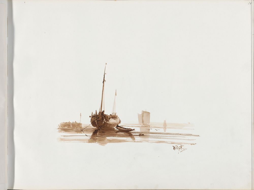 Zeilschip voor anker voor een kust (1830 - 1860) by Albertus van Beest