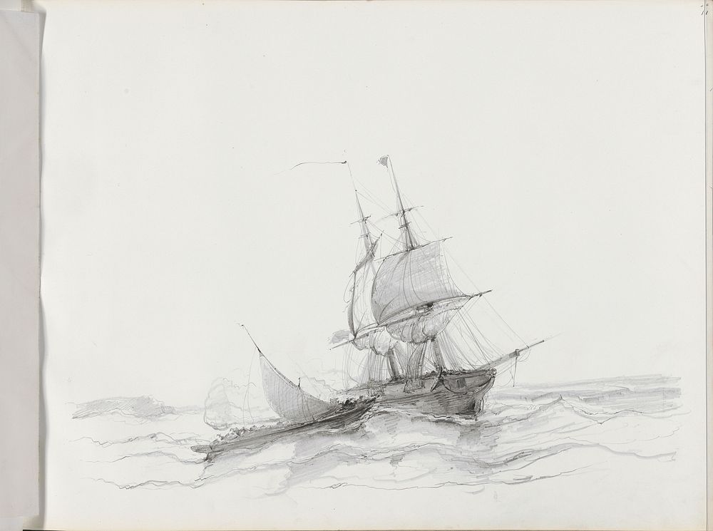 Zeilschip en een tweemaster op een woelige zee (1830 - 1860) by Albertus van Beest