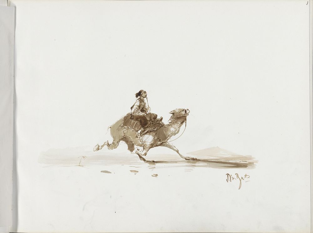 Man op een rennende kameel in een woestijnlandschap (1830 - 1860) by Albertus van Beest