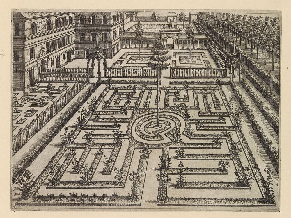 Tuin met een parterre en links een huis (c. 1601) by anonymous, Hans Vredeman de Vries, Philips Galle and Theodoor Galle