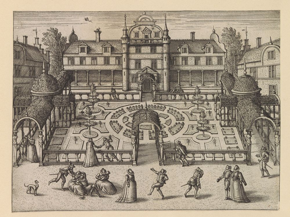Hoftuin met muziek en dans (c. 1600 - c. 1601) by Pieter van der Borcht I, Philips Galle and Theodoor Galle