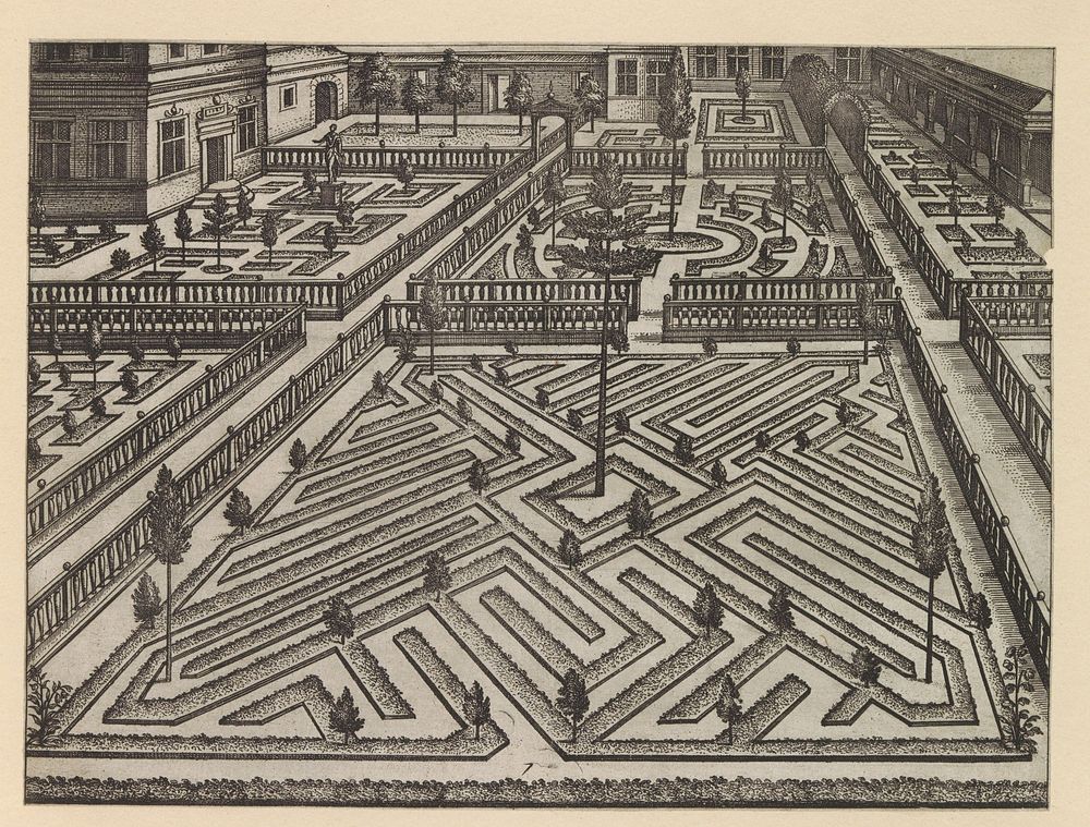 Tuin met diverse parterres, omgeven door balustrades (c. 1601) by anonymous, Hans Vredeman de Vries, Philips Galle and…