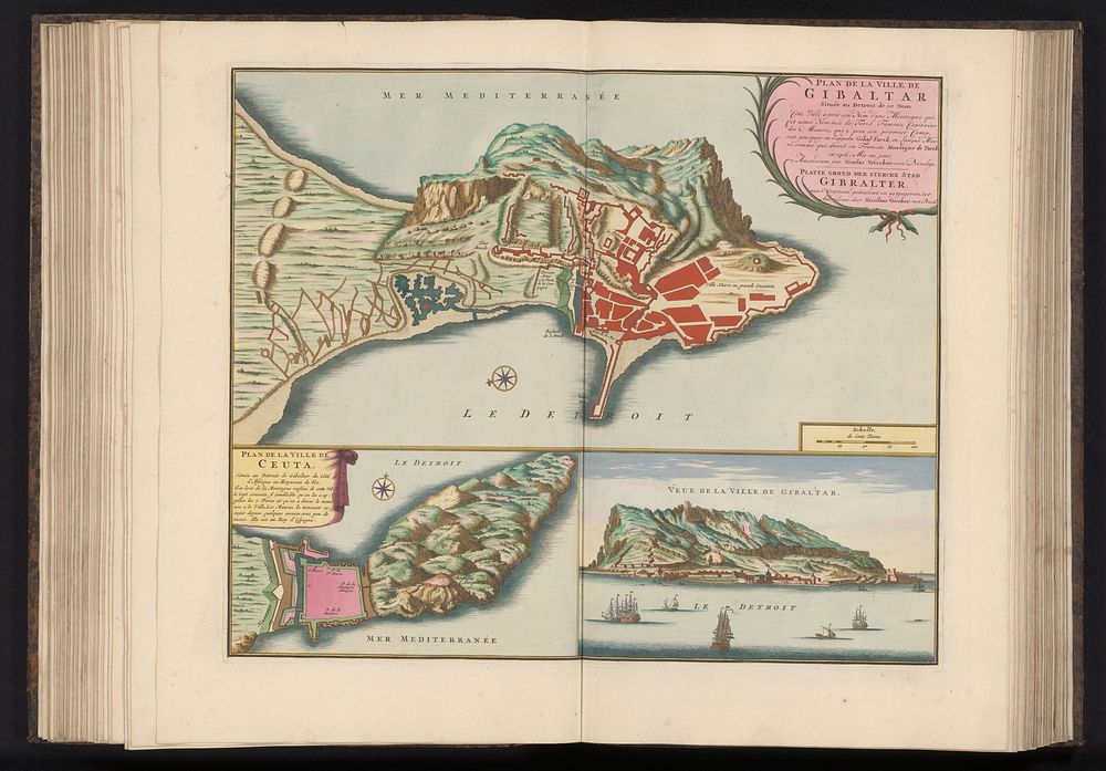 Plattegronden van Gibraltar en Ceuta en aanzicht van de stad Gibraltar (1706) by Nicolaes Visscher II, weduwe Nicolaes…