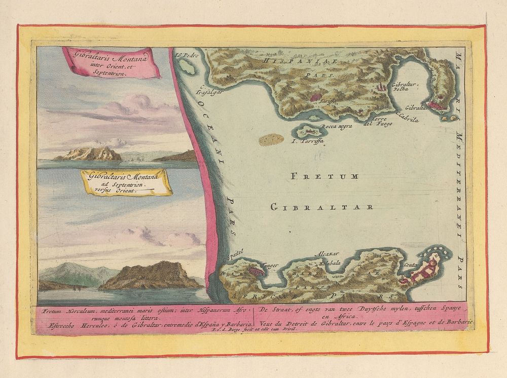 Gezicht op de rots van Gibraltar en een kaart van de straat van Gibraltar (1694 - 1737) by Pieter van den Berge, Pieter van…