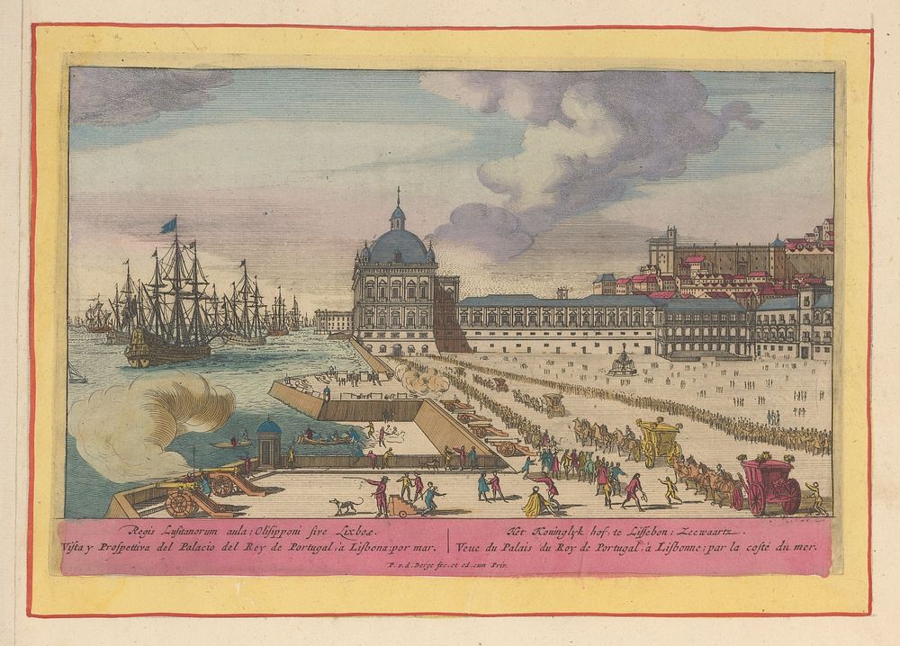 Gezicht op het Koninklijk Paleis te Lissabon en het voorplein met mensen (1694 - 1737) by Pieter van den Berge, Pieter van…