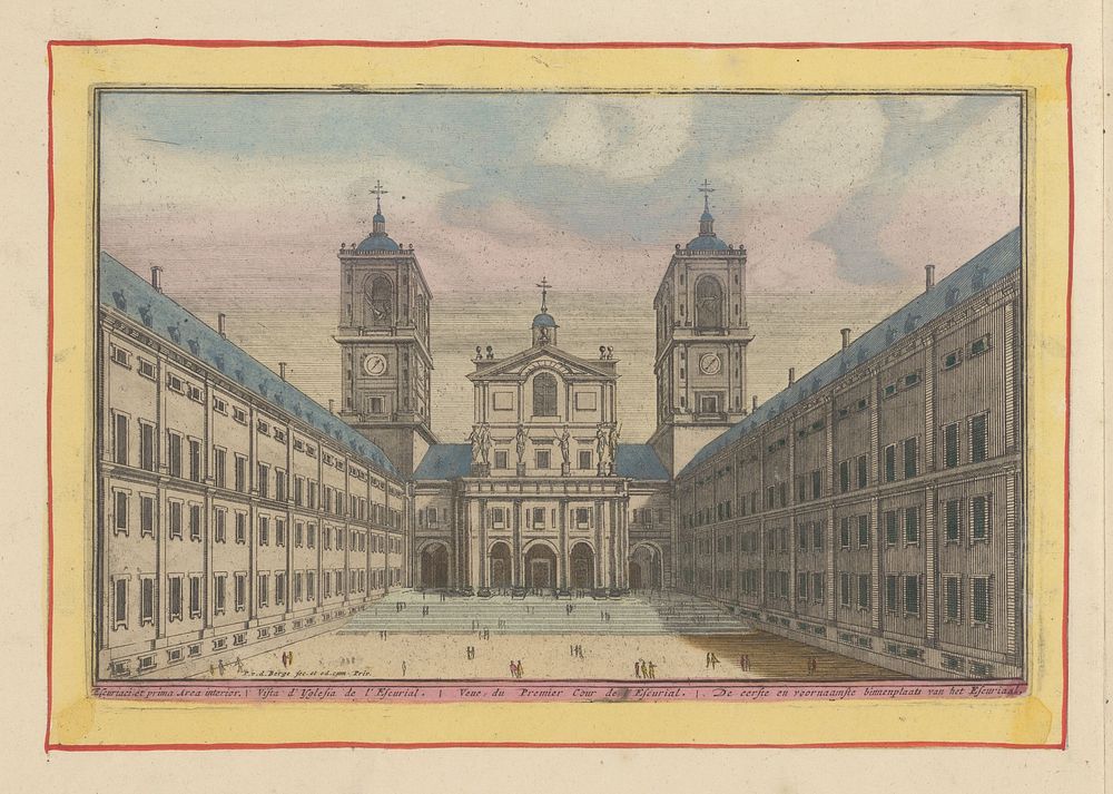 Gezicht op de binnenplaats en de toegang tot de kerk van San Lorenzo in het Escorial (1694 - 1737) by Pieter van den Berge…